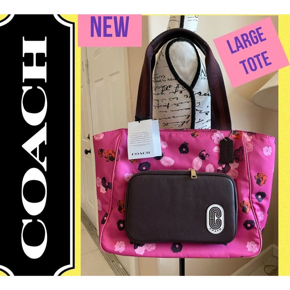 COACH TOTE BAG HOT PINK FLORAL LEATHER ACCENTS CARRY ALL VERSATILE ZIP AROUND